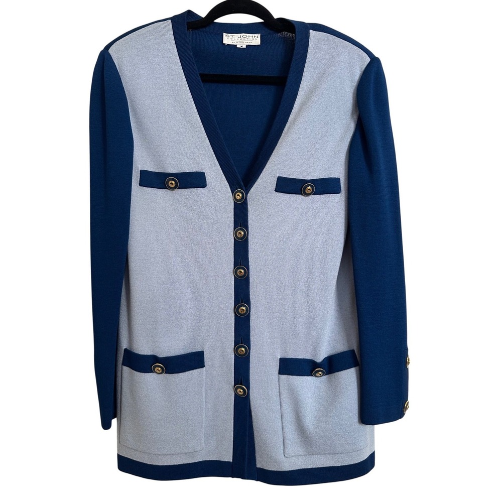 Vintage St. John Collection Blue Colorblock Santana Knit Cardigan Jacket M